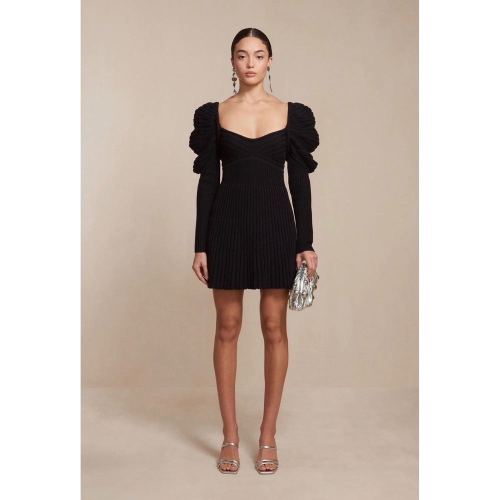 Cult Gaia Adeline Knit Mini Dress Black 3D Puff Sleeves Ribbed Sweetheart Neck S